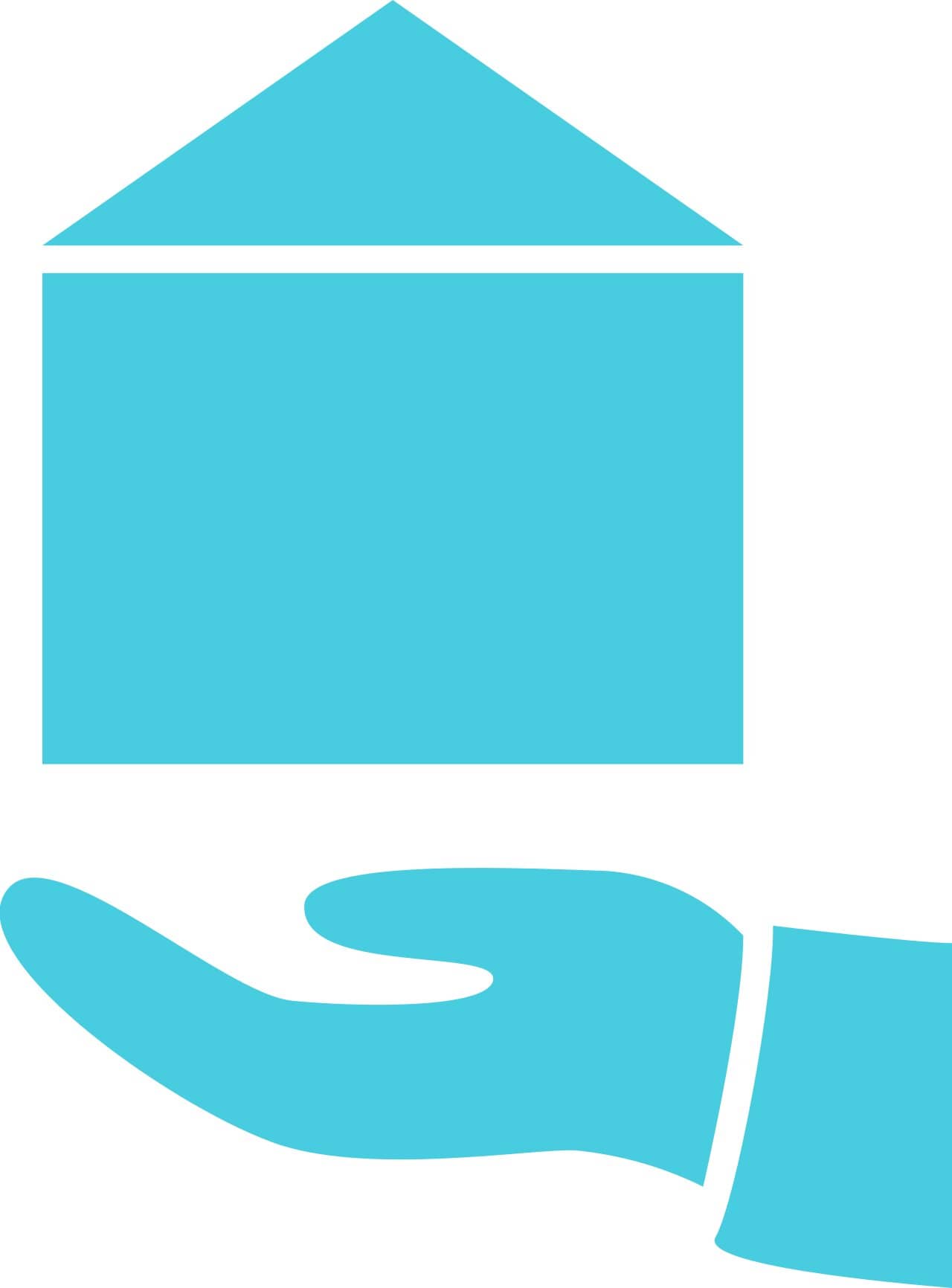 Een huis boven een hand in helder lichtblauwe kleur | Vamos.immo